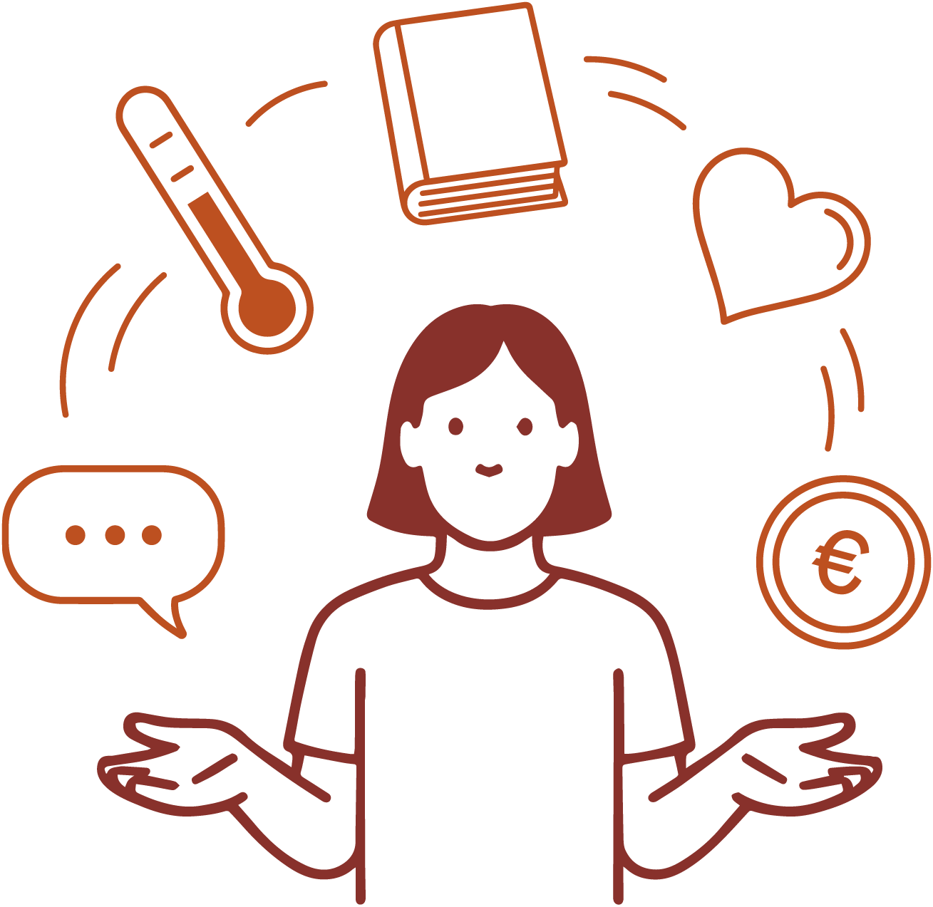 Ein Mensch ist im Mittelpunkt der Abbildung. Die Person mit ist skizzenhaft von Kopf bis Oberkörper gezeichnet. Die Hände sind zu den Seiten ausgestreckt. Um die Person herum in einem Halbkreis sind unterschiedliche Symbole angeordnet: Eine Sprechblase, ein Thermometer, ein Buch, ein Herz und ein Geldstück. Mit den Händen scheint die Person die Symbole und damit verschiedene Argumente zu jonglieren. Die Person hat einen neutralen, fragenden Gesichtsausdruck.